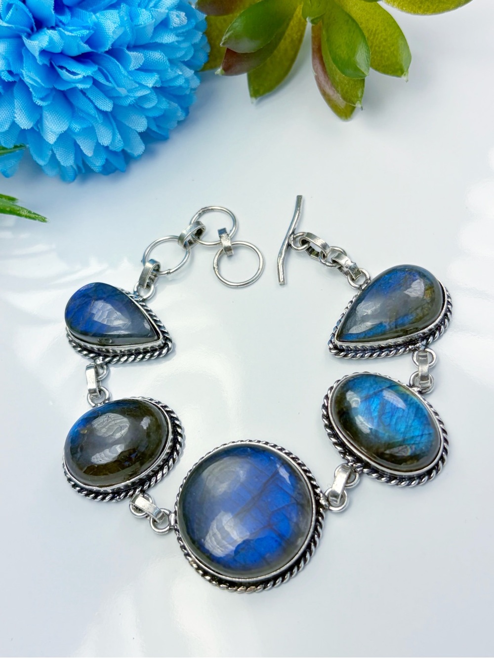 Blue Labradorite Bracelet Chunky Boho Southwest 925 Sterling Silver Overlay New